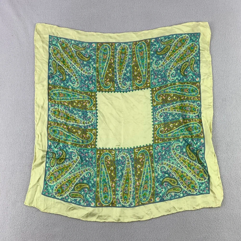 Vintage Paisley Square Scarf Women Yellow Floral Silk Retro 70s Bohemian Scarf